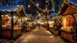 A picturesque holiday market scene, with rows of wooden stalls adorned with twinkling lights and festive decorations, offering an array of handcrafted gifts, seasonal treats, and warm beverages to del
