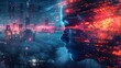 A beautiful portrait of a woman's face made of glowing red and blue particles on a background of a futuristic city.