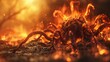 A giant octopus made of fire emerges from the ashes of a forest fire.