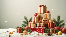 A Stack Of Wrapped Presents With Red And Gold Ornaments And A Snowy Background.