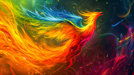 background of a rainbow phoenix bird flying in a sky full of clouds. 3D rendering. Rainbow Phoenix wallpaper	