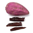 Dried sweet purple potato slices and fresh purple potato isolated on white background close up