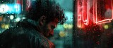 Fototapeta Pokój dzieciecy - A neo-noir scene featuring an AI scientist investigating AI-driven crimes, their face illuminated by the light of a neon sign flickering outside a rain-soaked window