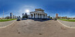 hdri panorama 360 near historical building with columns with parking among skyscrapers of residential quarter complex in full equirectangular seamless spherical projection