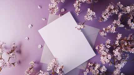 Canvas Print - White, empty sheet of paper on a purple background with flowers
