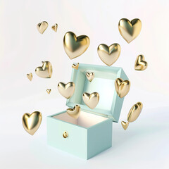 Sticker - Golden hearts fly out of a blue box on a white background
