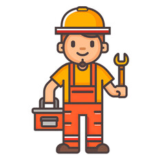 An illustration of a determined construction worker holding a toolbox and a hammer., PNG, icon