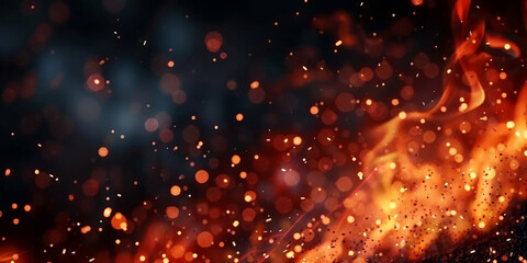 Wall Mural - Fire with particles on black background, red fire, fire in the night, Fire flames on black background