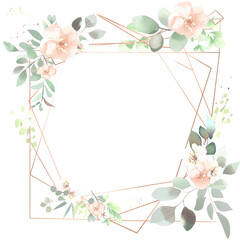 Wall Mural - White background with a frame of twigs and flowers
