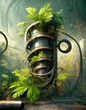Design a conceptual artwork depicting spirals of cybernetic foliage growing out of an old
