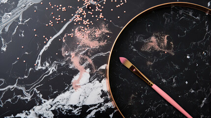 Wall Mural - Black, marble background with drops of pink paint
