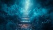 Mysterious fantasy photo background, magical trail leading out through stone dungeon cave walls towards mystical glow. Idyllic tranquil fantastic scene, empty road, way to fairytale, copy space