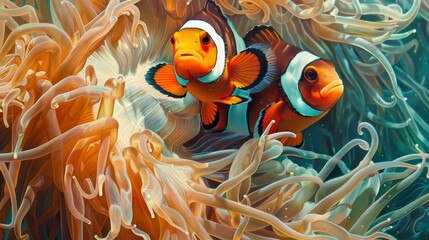 Wall Mural - A close-up of a clownfish nestled among the swaying tentacles of a sea anemone, illustrating the symbiotic relationship between these iconic reef inhabitants.