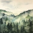 Craft an aerial view scene of a serene minimalist forest setting, portraying the concept of resilience with a touch of vulnerability Use soft watercolors to evoke a sense of peace and introspection