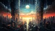 Bring the future to life with a birds-eye view of a surreal cityscape merging advanced technology and dreamlike elements in pixel art style