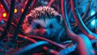 A curious hedgehog nestled among computer cables, its spiky quills peeking out as it explores the digital landscape with inquisitive charm.