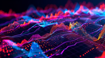 Poster - A dynamic stock market graph showing fluctuations in share prices, with colorful lines and bars representing trading activity and trends.