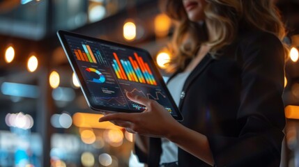 Poster - A female entrepreneur presenting a business plan on a digital tablet to potential investors, demonstrating vision, determination, and leadership in entrepreneurship.