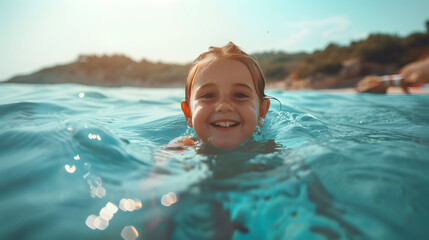 Wall Mural - Cute child swimming in sea