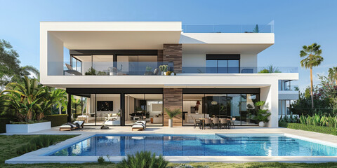 Modern house with swimming pool and terrace in the style of white modern architecture. Exterior of modern villa