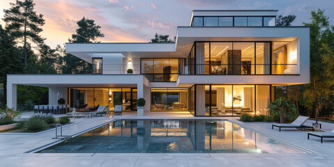 Modern house with swimming pool and terrace in the style of white modern architecture. Exterior of modern villa