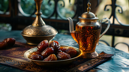 Wall Mural - Cup of tea and dry dates on saucer ready to eat for iftar time. Islamic religion and ramadan concept. eid mubarak