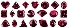 Illustration Set Of Red Vine Carmine Precious Stones Of Different Cuts. Popular Low Poly Ruby Gems Cut Set Gradation. Circle, Triangle, Drop, Heart, Rhombus, Square, Oval. Decorative Luxury Real