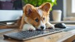 A playful puppy with adorable floppy ears sitting beside a computer desk, eagerly pawing at a mouse, ready to join in the digital fun.