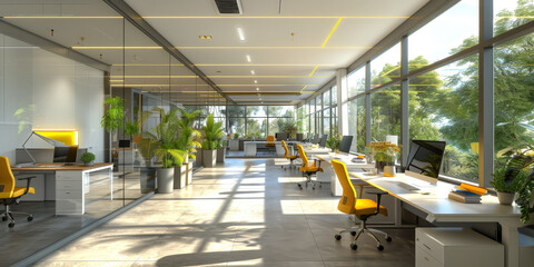 Sticker - empty office  with white desks, green plants , grey accents, yellow wall color and  large window, empty bussines office room interior