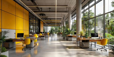 Poster - empty office  with white desks, green plants , grey accents, yellow wall color and  large window, empty bussines office room interior