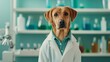 Portrait of an anthropomorphic dog character in a lab coat set against a laboratory backdrop