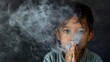 A sorrowful portrayal of a child covering their face to protect against cigarette smoke, symbolizing the innocence and vulnerability of youth