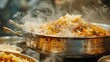 A steaming pot of aromatic biryani being prepared with layers of tender meat, fragrant spices, and fluffy rice, promising a taste of culinary indulgence and tradition.