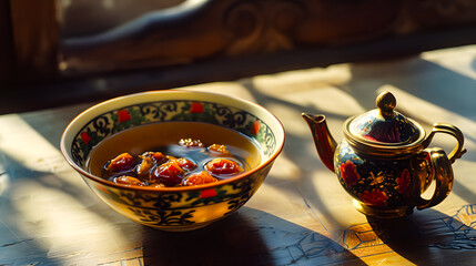 Wall Mural - Cup of tea and dry dates on saucer ready to eat for iftar time. Islamic religion and ramadan concept. eid mubarak