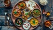 A traditional Indian thali meal arranged beautifully on a copper plate, featuring a variety of vegetarian dishes, chutneys, and pickles,