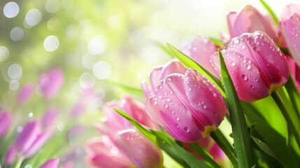 Wall Mural - Fresh Dew on Vibrant Pink Tulips in Springtime Sunshine