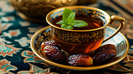 Wall Mural - Cup of tea and dry dates on saucer ready to eat for iftar time. Islamic religion and ramadan concept. eid mubarak