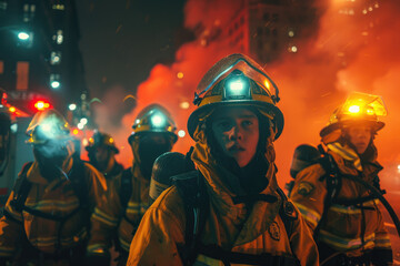 Wall Mural - A group of handsome young male firefighters standing in front, wearing yellow protective gear and helmets with black trim, looking at the camera