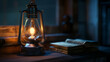 Oil lamp lighting up a dark room, Focus on the light casting shadows on old books and walls, Intimate and cozy atmosphere