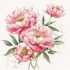 Canvas Print - Peony A bouquet of pink flowers with green leaves. The flowers are arranged in a way that they are all facing the same direction, giving the impression of a unified and harmonious display