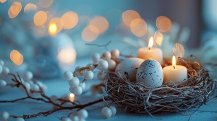 Canvas Print - A nest filled with eggs and candles, perfect for Easter or spring-themed designs