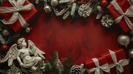 Wall Mural - Festive Christmas wreath with angel statue and presents, perfect for holiday designs