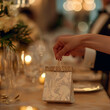 Hand reaching for a goodie bag at a wedding reception, Detail on the hand and the stylishly decorated bag, Romantic and festive wedding setting