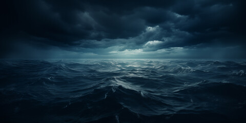 Rough Seas. Dramatic muted blue stormy cloudy sky reflecting on the troubled water surface. Panoramic wide angle view. Fantasy stormy sea. Cinematic stormy ocean with rays of light in the center.