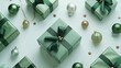 A festive green gift box surrounded by Christmas ornaments. Perfect for holiday season designs