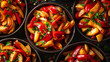 A pattern wallpaper of Peruvian salt ado Stir fry dishes with fries and vegetables in a dynamic pattern 
