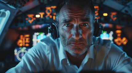 Wall Mural - a man wearing headphones in a cockpit. perfect for aviation industry promotions