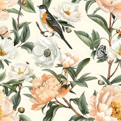 Floral seamless pattern with garden flowers peonies, bird and butterflies