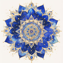 Sticker - A blue and gold mandala flower with gold accents. The flower is a symbol of peace and love