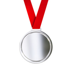 Wall Mural - Blank silver medal with red ribbon isolated